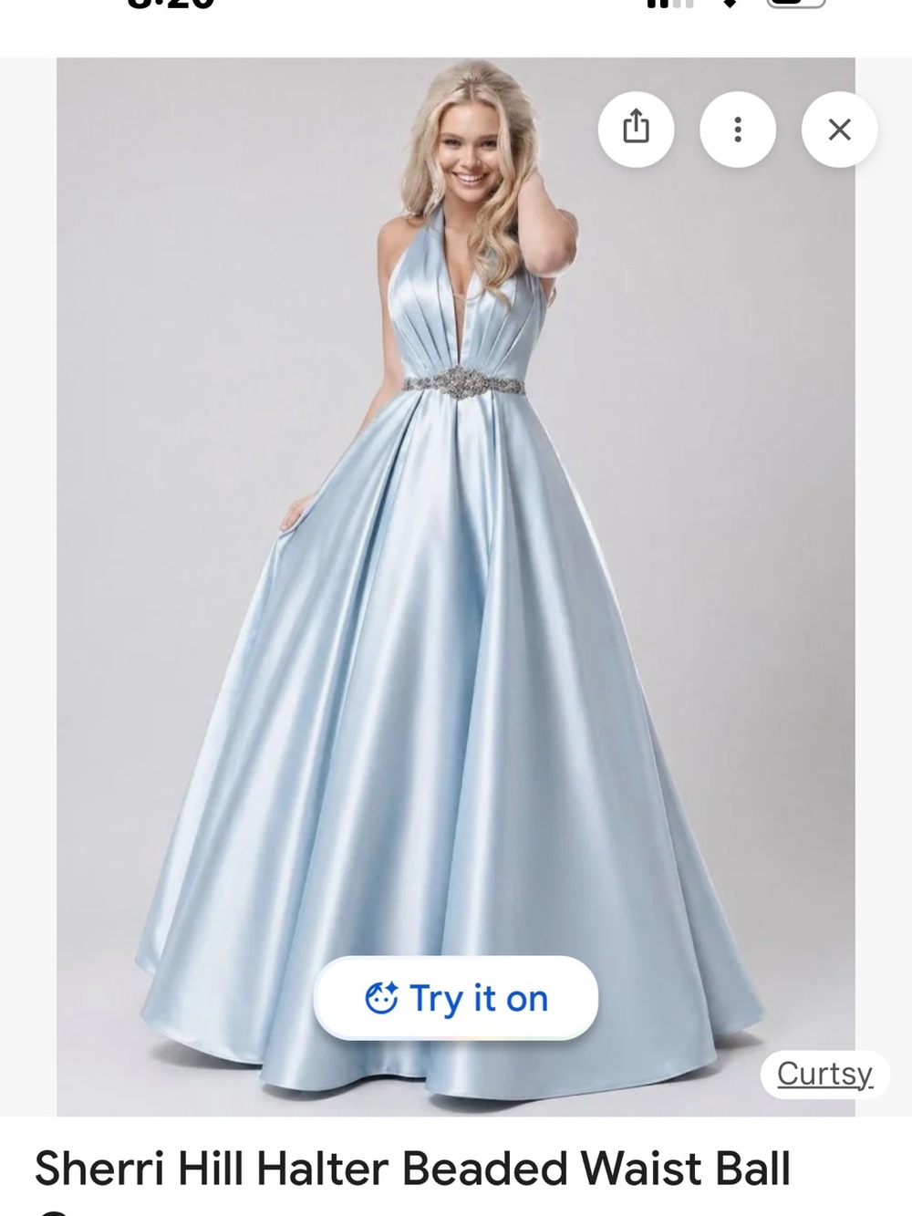 Sherri Hill Light Blue Satin Halter Ball Gown with Beaded Waist